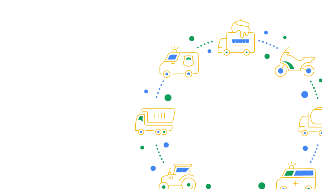 Alguns veículos, como caminhões tratores e caminhões, aparecem em um círculo e pontos azuis ligam um veículo ao outro. Simboliza o funcionamento de um sistema TMS.