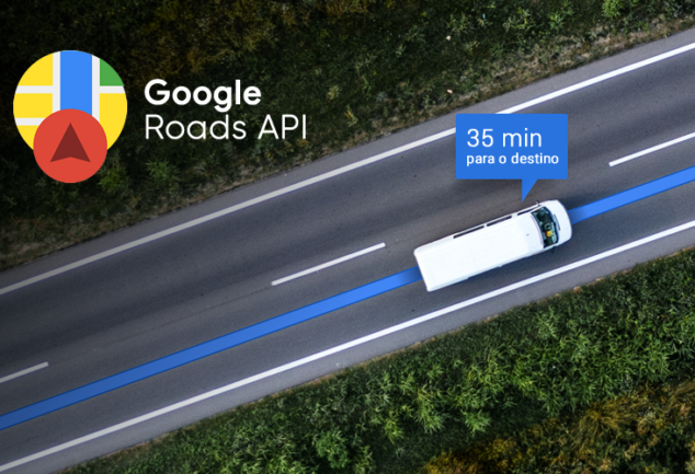 Ícone do Google Roads API e imagem mostrando integração de dados de tráfego e rotas para aplicações de mobilidade.