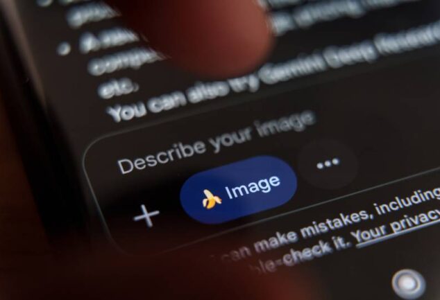Interface de smartphone exibindo o campo de prompt "Describe your image" do Nano Banana Pro, ferramenta de IA generativa para criação de imagens de alta qualidade em escala para empresas.