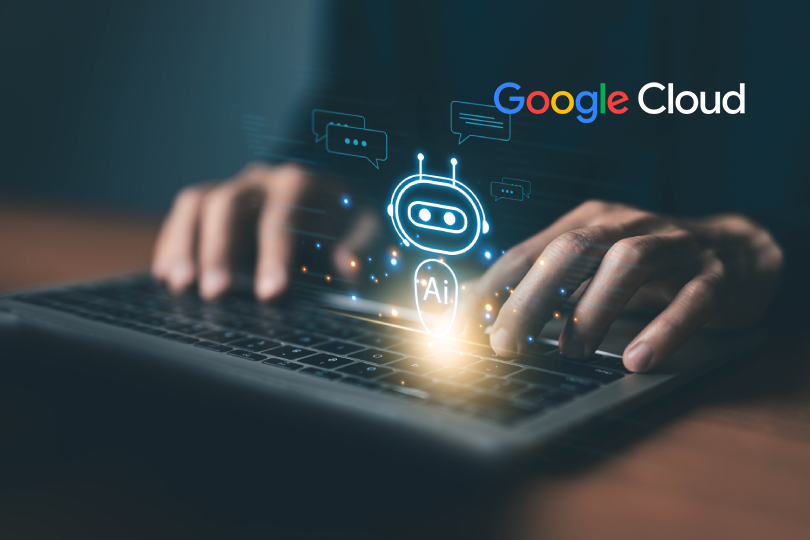 Close de usuário interagindo com computador onde surge um ícone de robô com a inscrição "AI", representando a integração de sistemas de IA corporativa para suporte e eficiência operacional.
