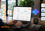 Profissional usando notebook para integração do HubSpot CRM com Gemini Enterprise, destacando ícones de governança de dados e os logos da Geoambiente e Google Cloud.