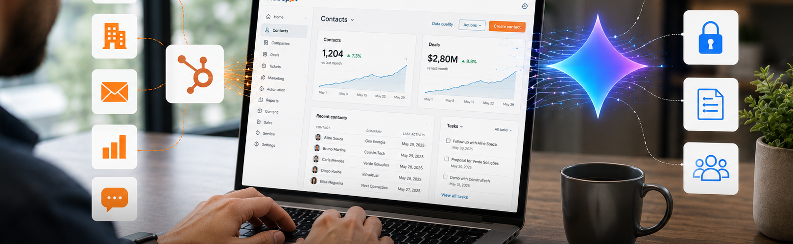 Profissional usando notebook para integração do HubSpot CRM com Gemini Enterprise, destacando ícones de governança de dados e os logos da Geoambiente e Google Cloud.
