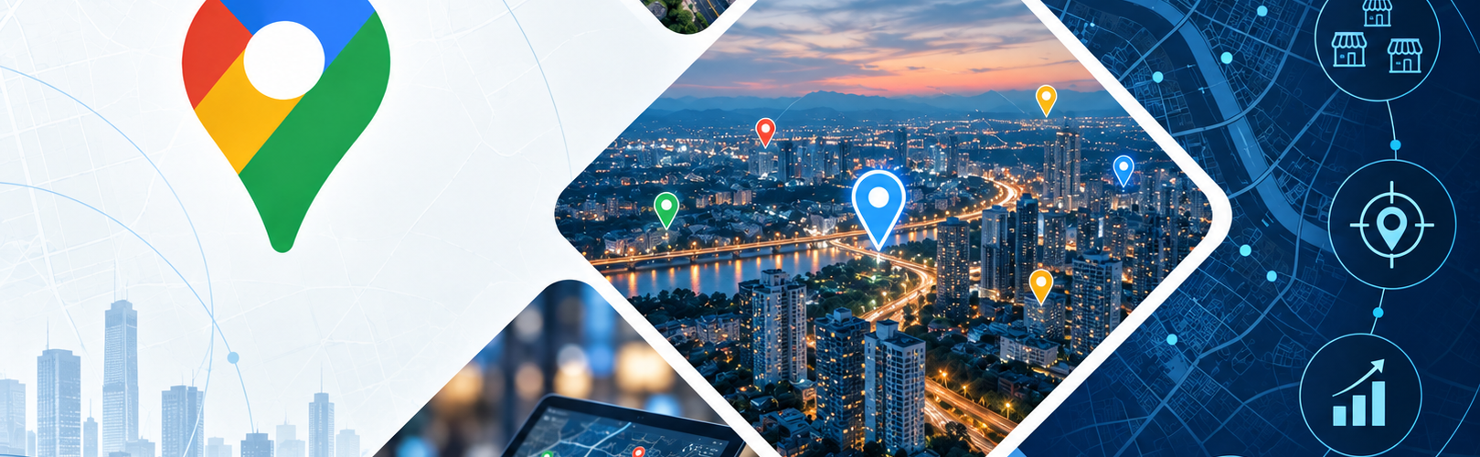 Mosaico com o ícone do Google Maps, vistas aéreas de cidades com marcadores e tablet com mapa digital ilustrando o planejamento da estratégia de expansão com dados territoriais.