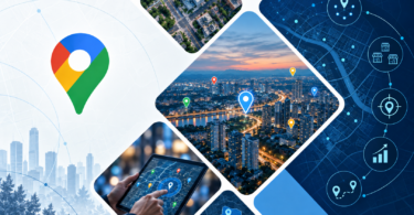 Mosaico com o ícone do Google Maps, vistas aéreas de cidades com marcadores e tablet com mapa digital ilustrando o planejamento da estratégia de expansão com dados territoriais.