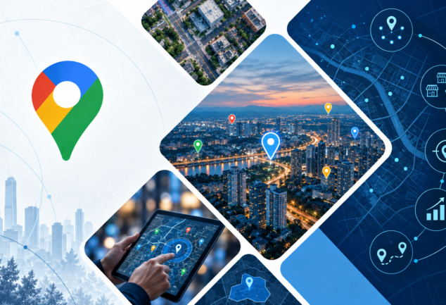Mosaico com o ícone do Google Maps, vistas aéreas de cidades com marcadores e tablet com mapa digital ilustrando o planejamento da estratégia de expansão com dados territoriais.