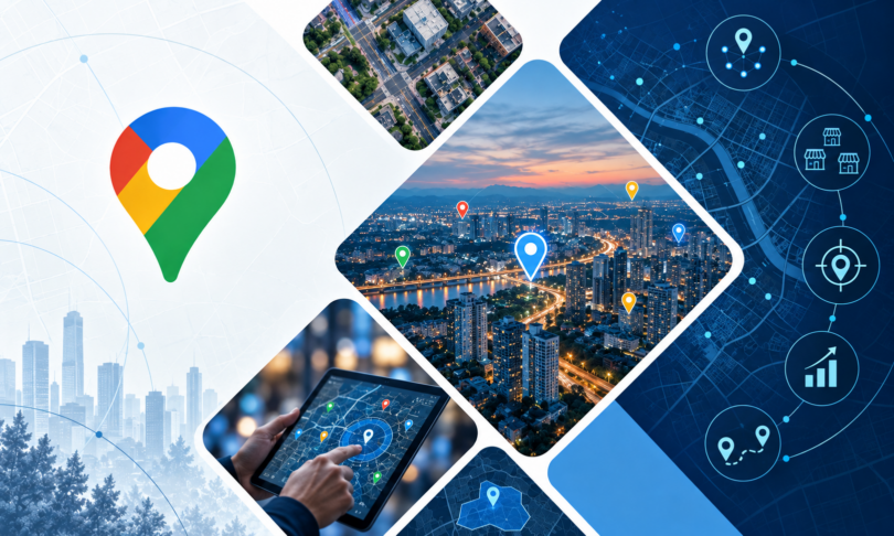 Mosaico com o ícone do Google Maps, vistas aéreas de cidades com marcadores e tablet com mapa digital ilustrando o planejamento da estratégia de expansão com dados territoriais.