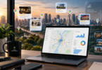 Notebook exibindo painel do Google Maps Platform com mapas de calor e gráficos sobrepostos ao horizonte urbano, ilustrando o uso da ferramenta Places Insights para análise estratégica de estabelecimentos e geomarketing.