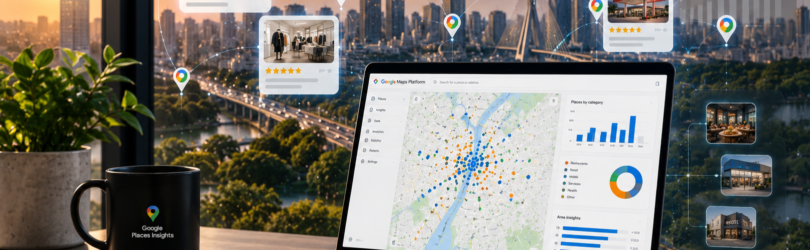 Notebook exibindo painel do Google Maps Platform com mapas de calor e gráficos sobrepostos ao horizonte urbano, ilustrando o uso da ferramenta Places Insights para análise estratégica de estabelecimentos e geomarketing.