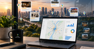 Notebook exibindo painel do Google Maps Platform com mapas de calor e gráficos sobrepostos ao horizonte urbano, ilustrando o uso da ferramenta Places Insights para análise estratégica de estabelecimentos e geomarketing.
