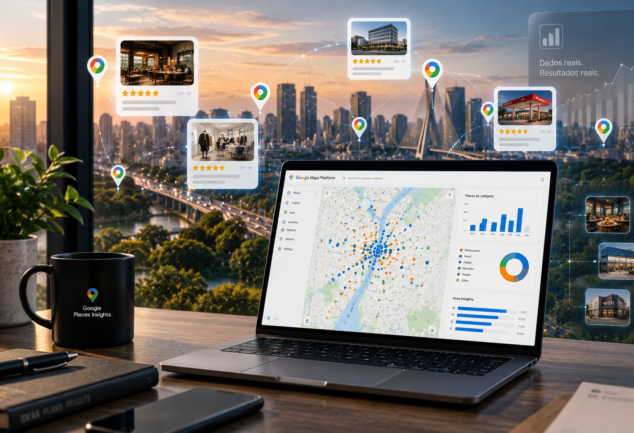 Notebook exibindo painel do Google Maps Platform com mapas de calor e gráficos sobrepostos ao horizonte urbano, ilustrando o uso da ferramenta Places Insights para análise estratégica de estabelecimentos e geomarketing.