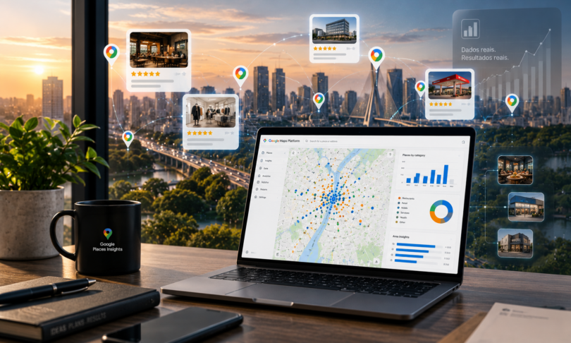Notebook exibindo painel do Google Maps Platform com mapas de calor e gráficos sobrepostos ao horizonte urbano, ilustrando o uso da ferramenta Places Insights para análise estratégica de estabelecimentos e geomarketing.