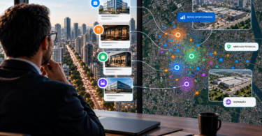Executivo em escritório com vista para cidade analisa dashboard com mapa de satélite e sobreposição de dados de mercado para identificar novas oportunidades de prospecção B2B e expansão comercial.
