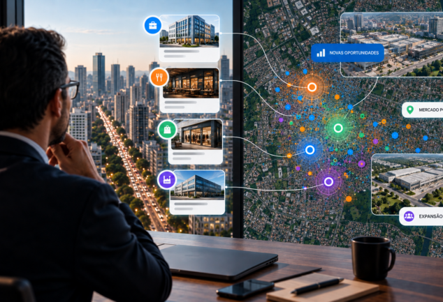 Executivo em escritório com vista para cidade analisa dashboard com mapa de satélite e sobreposição de dados de mercado para identificar novas oportunidades de prospecção B2B e expansão comercial.