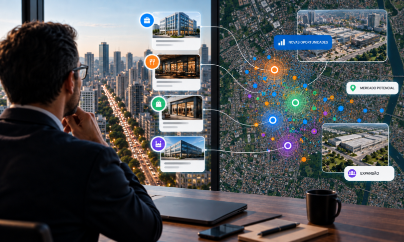 Executivo em escritório com vista para cidade analisa dashboard com mapa de satélite e sobreposição de dados de mercado para identificar novas oportunidades de prospecção B2B e expansão comercial.