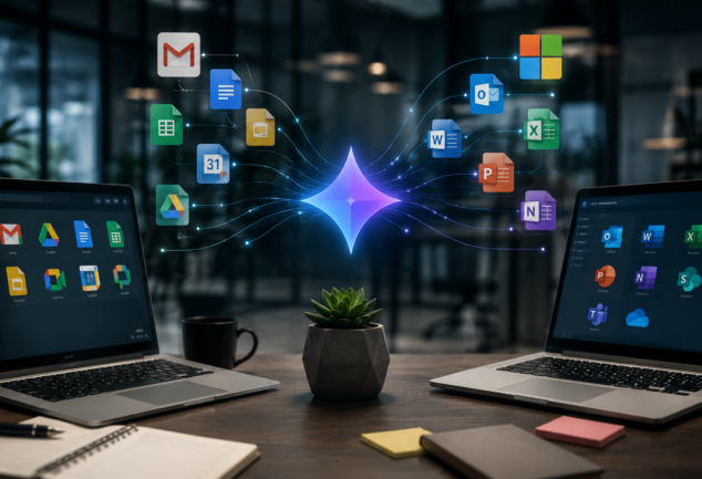 Unifique o Workspace e Office 365 com o Gemini Enterprise. Crie um hub de inteligência seguro, elimine silos e automatize processos com IA.
