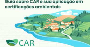 Um mapa de uma área rural com um rio passando por ela. Texto que acompanha a imagem: Guia sobre CAR (Cadastro Ambiental Rural) e sua aplicação em certificações ambientais.