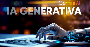 Uma mão robótica digitando em um teclado de laptop. Na imagem, aparece o logo do Gemini AI, com a escrita IA Generativa.