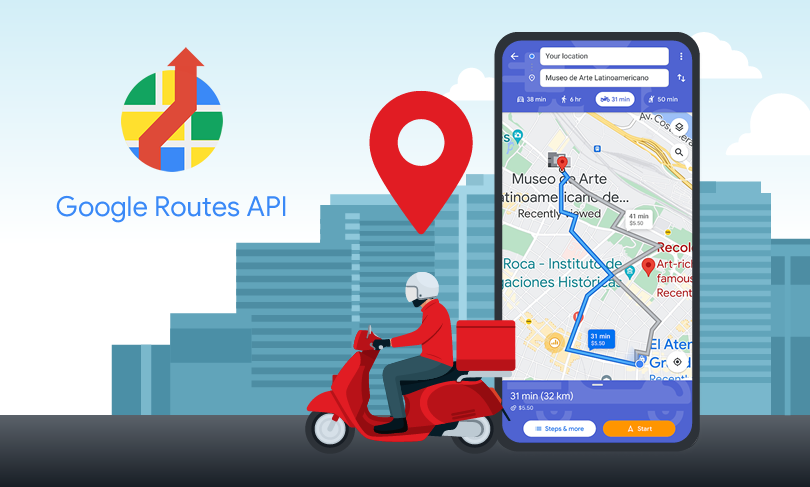 Uma pessoa andando de scooter ao lado de um mapa em um telefone celular. Na imagem, está escrito "Google Routes API".