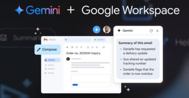 Uma tela de computador simulando a geração de textos para um e-mail com o Gemini, recurso de IA integrado ao Workspace. Na imagem, aparece a escrita "Gemini + Workspace".