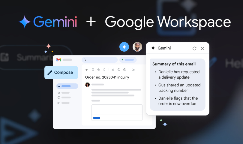 Uma tela de computador simulando a geração de textos para um e-mail com o Gemini, recurso de IA integrado ao Workspace. Na imagem, aparece a escrita "Gemini + Workspace".