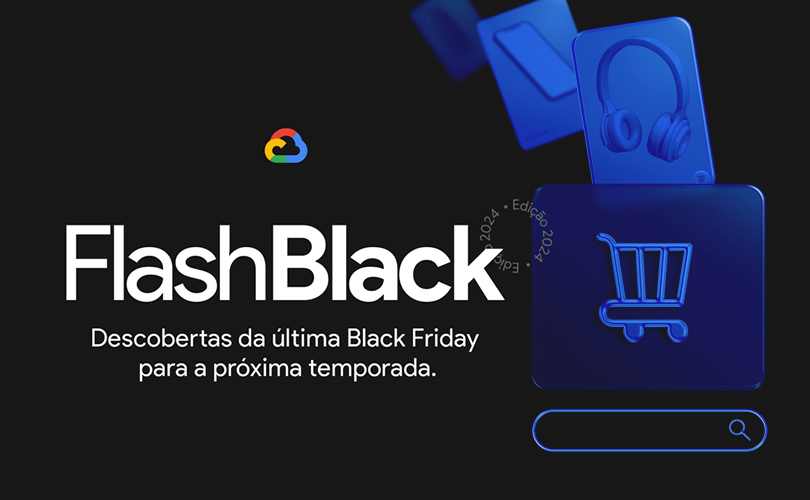 Um fundo preto com as palavras "FlashBlack - Descobertas da últma black friday para a próxima temporada." e um carrinho de compras.