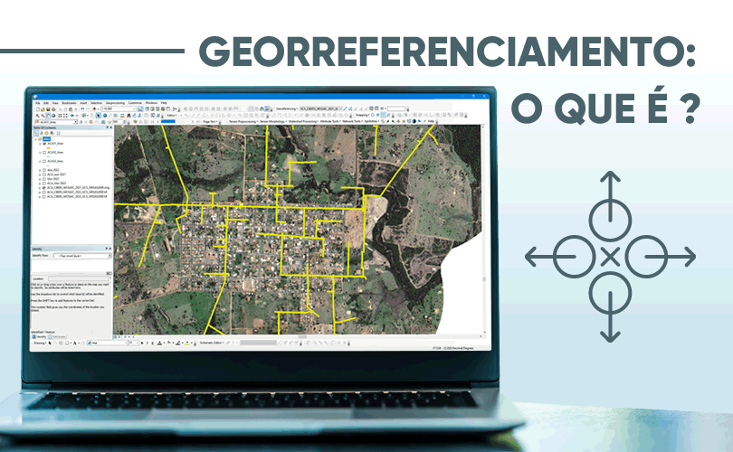 A imagem apresenta um notebook com a simulação de um processo de georreferenciamento em determinados pontos de um terreno. A imagem contém o texto "Georreferenciamento: o que é?"