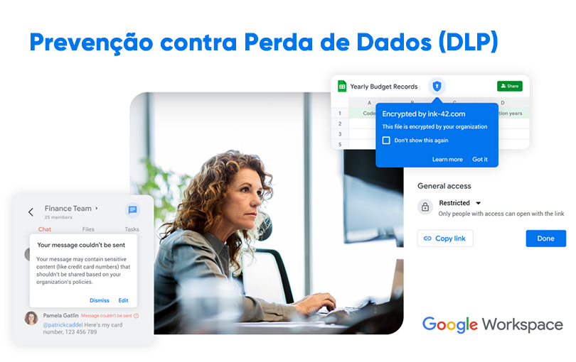 Uma mulher sentada em frente a um laptop. Na imagem, aparecem prints com alertas de segurança a partir de ações de Data Loss Prevention.