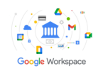 Ilustração do Google Workspace com ícones do Google Drive, Gmail, Google Meet, Google Agenda, Google Docs e Planilhas ao redor de uma imagem de um prédio, representando Instituições Financeiras.