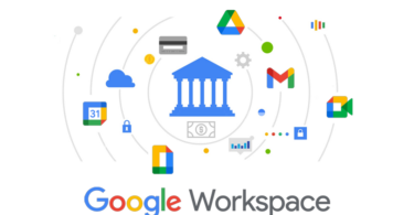 Ilustração do Google Workspace com ícones do Google Drive, Gmail, Google Meet, Google Agenda, Google Docs e Planilhas ao redor de uma imagem de um prédio, representando Instituições Financeiras.