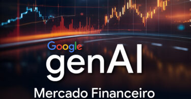 Imagem com gráficos ao fundo simbolizando a automação de processos na análise de dados. À frente, há o escrito "Google Gen AI Mercado Financeiro".