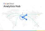 Um fundo branco com um mapa do mundo e as palavras google cloud nele. A imagem representa a capacidade de compartilhamento de dados entre empresas em todo o mundo com o Analytics Hub.