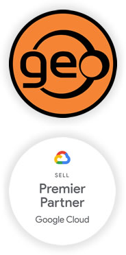 Selo da Geoambiente acompanhado da badge do Google Cloud que identifica a empresa como Google Premier Partner e revenda oficial.